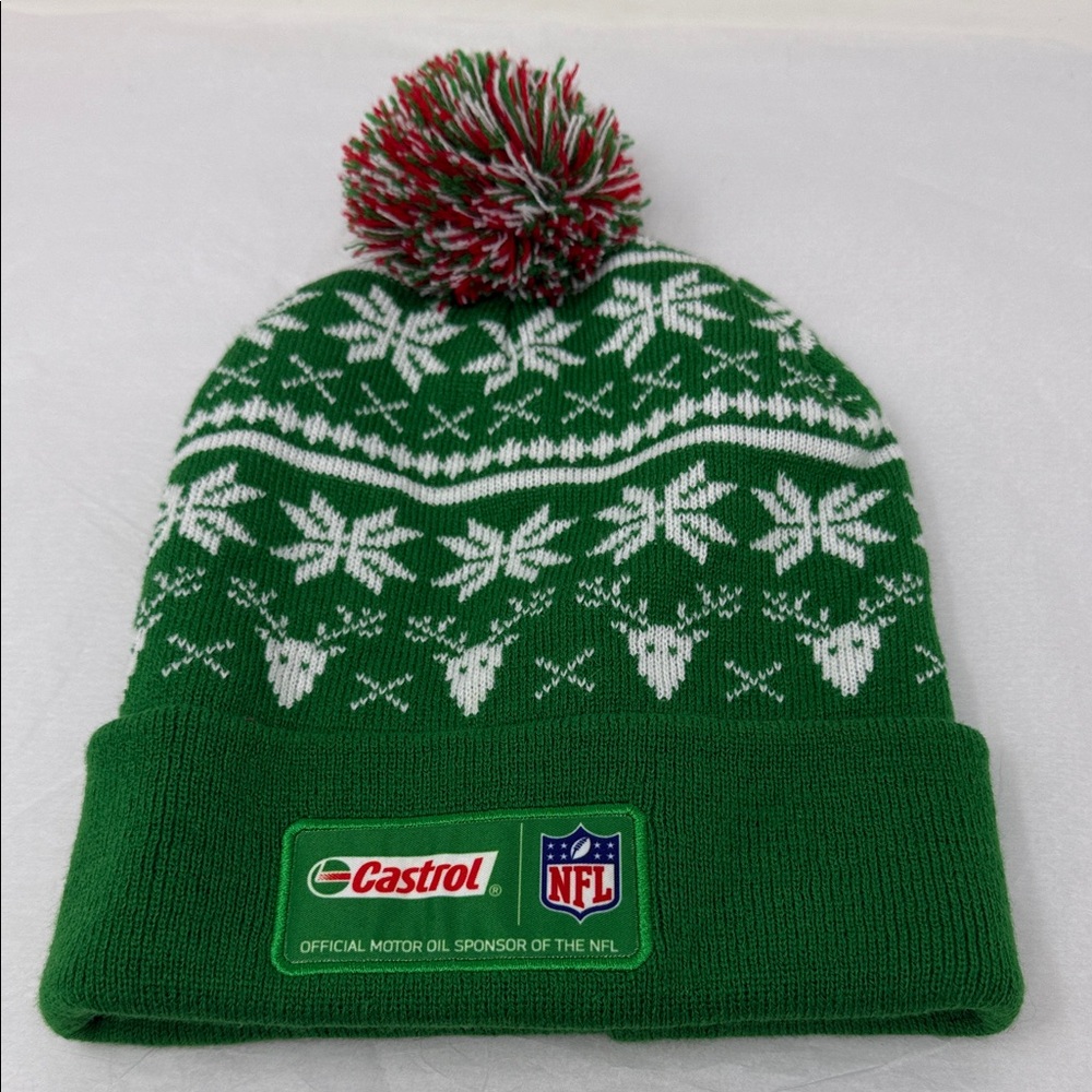 NFL Castrol Christmas Beanie Green Pom Winter Hat Knit Winter Beanie Holiday